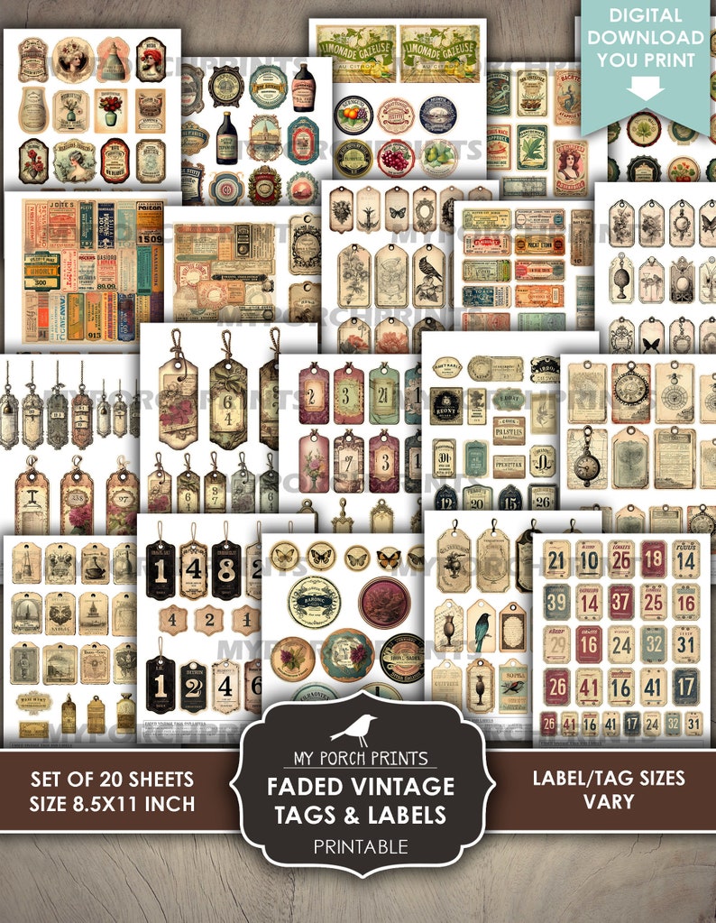 Junk Journal Faded Vintage Tags Labels, Grunge, Steampunk, Men Number ...
