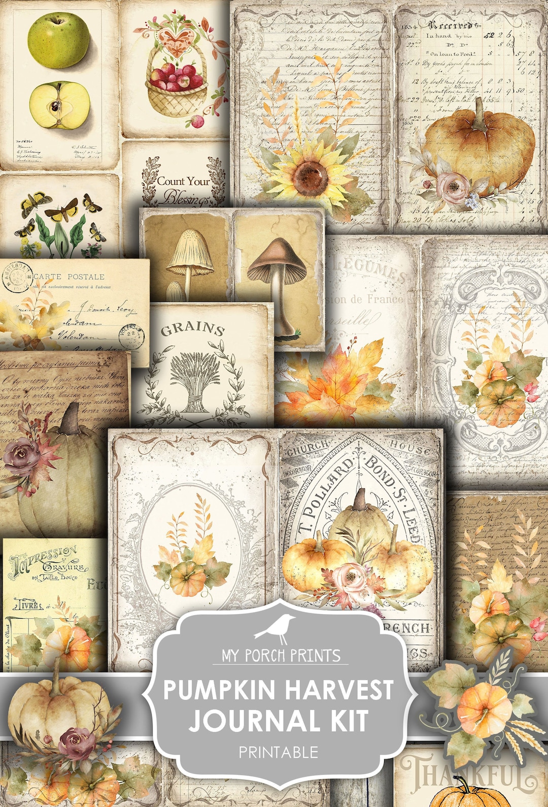 Junk Journal Kit, Pumpkin, Harvest, Fall, Autumn, Sunflower, My Porch ...