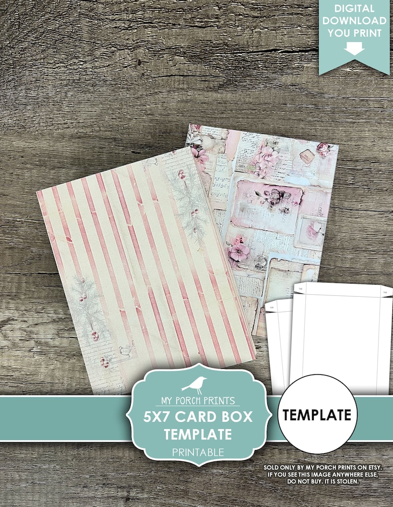 May include: Printable 5x7 card box template with two different patterned paper designs. The template is for a card box with a pink and white striped pattern and a floral pattern with pink and white flowers. The text "MY PORCH PRINTS 5X7 CARD BOX TEMPLATE PRINTABLE" is on a teal background. The text "TEMPLATE" is on a teal background. The text "SOLD ONLY BY MY PORCH PRINTS ON ETSY. IF YOU SEE THIS IMAGE ANYWHERE ELSE, DO NOT BUY. IT IS STOLEN." is on a white background.