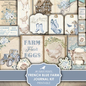Junk Journal, Kit, Fazenda, Azul, Francês, Country, Campos, Fazenda, Trator, Galinhas, Primavera, My Porch Prints, Download Digital, Para Impressão