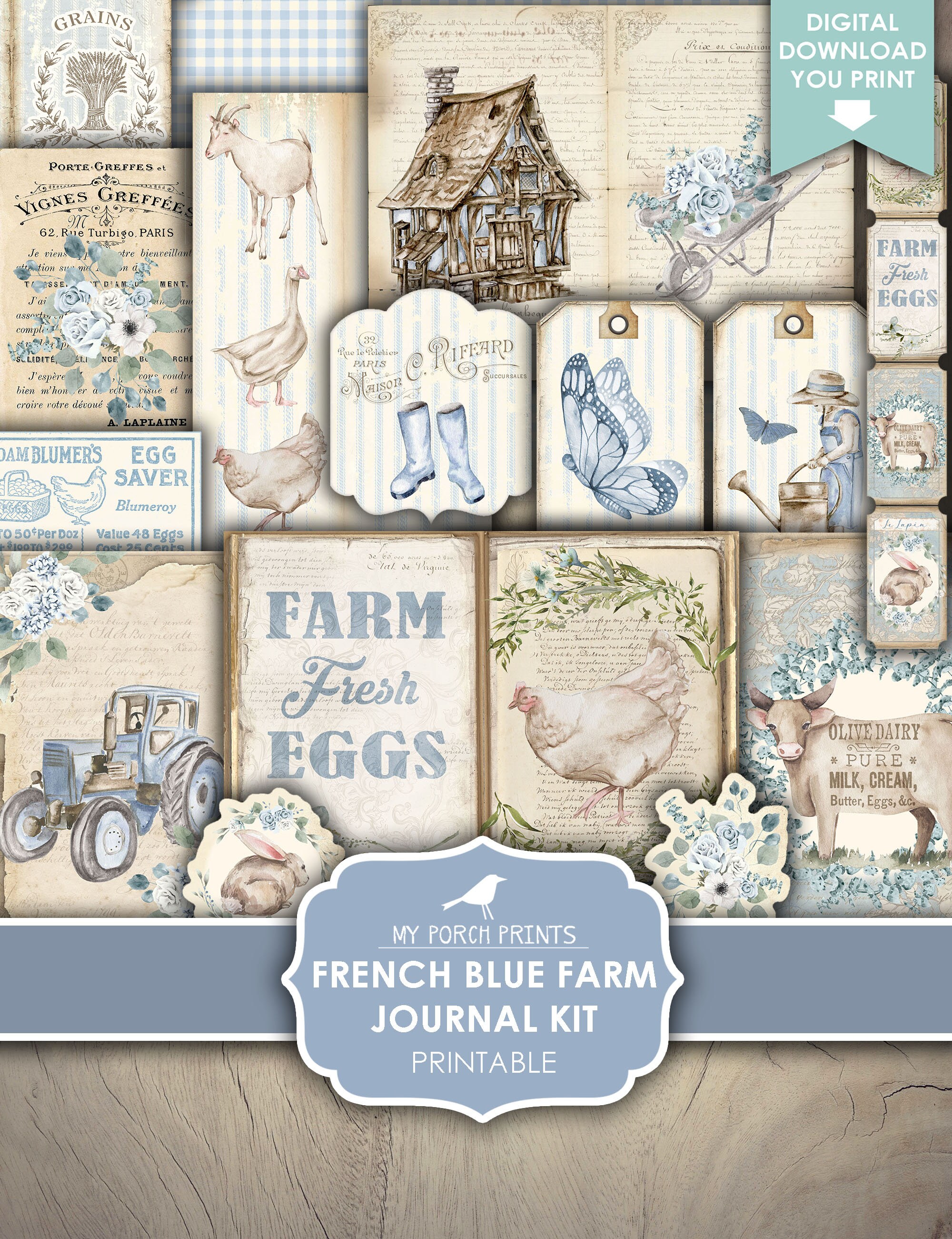 Junk Journal, Kit, Farm, Blue, French, Country, Fields, Farmhouse, Tractor, Chickens, Spring, My Porch Prints, Digital Download, Printable