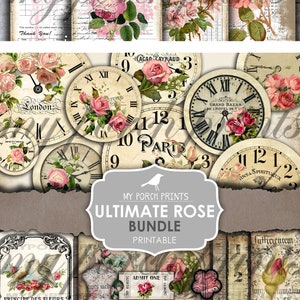 May include: A digital collage featuring vintage ephemera with roses. Includes guest checks, clock faces, and decorative elements. The text "Ultimate Rose Bundle Printable" is visible, along with other text elements.
