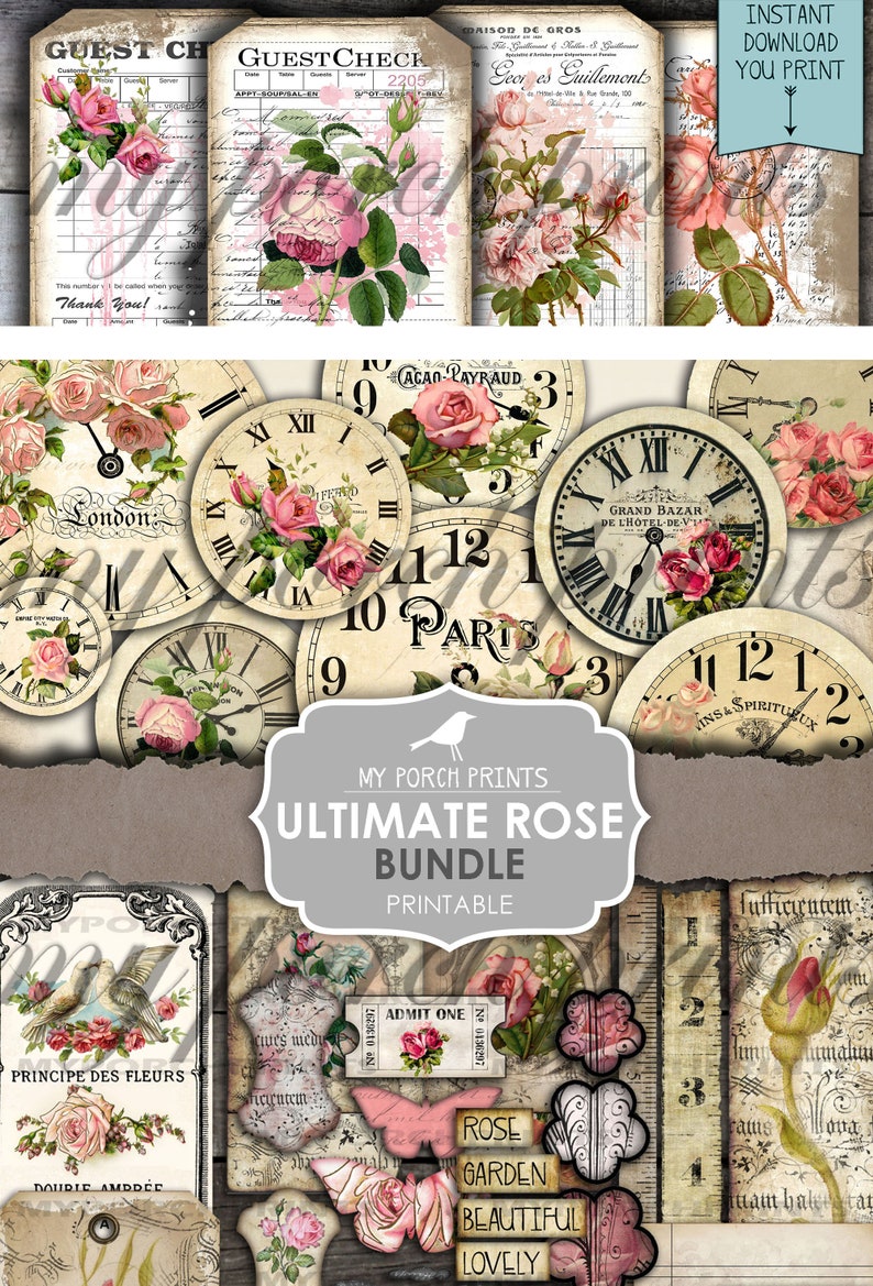 May include: A digital collage featuring vintage ephemera with roses. Includes guest checks, clock faces, and decorative elements. The text "Ultimate Rose Bundle Printable" is visible, along with other text elements.