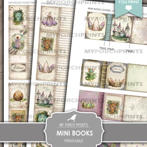 May include: Printable mini book pages and covers featuring a fairy theme. The pages have a vintage look with illustrations of fairies, castles, and other magical elements. The covers include a dragon, a crown, and a fairy tale title.