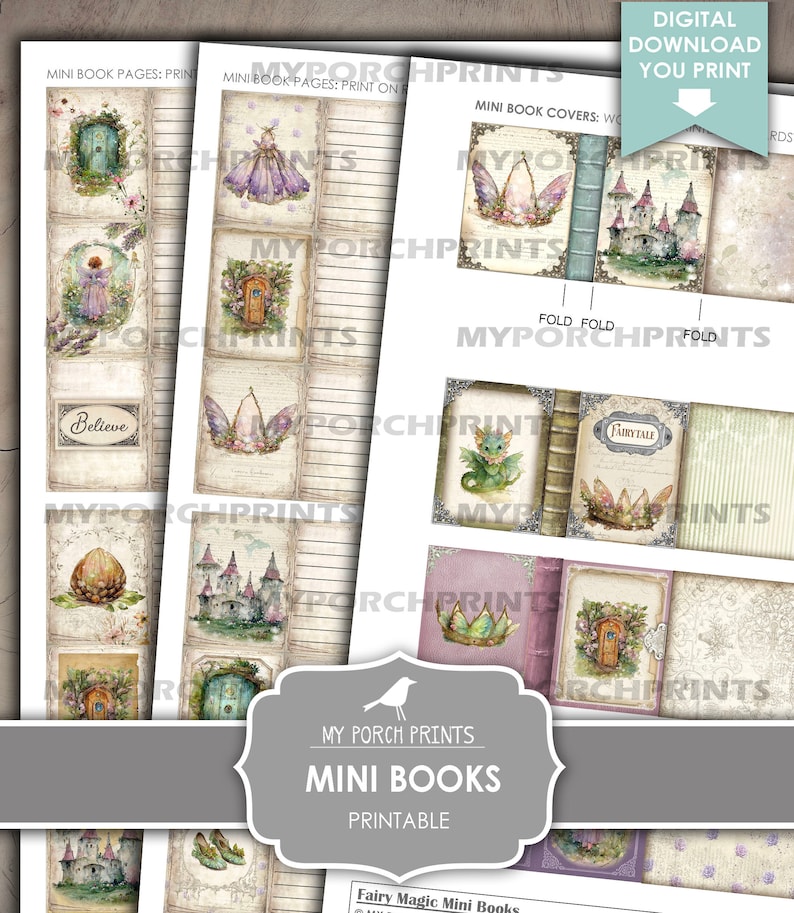 May include: Printable mini book pages and covers featuring a fairy theme. The pages have a vintage look with illustrations of fairies, castles, and other magical elements. The covers include a dragon, a crown, and a fairy tale title.