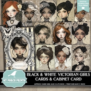 BLACK & WHITE Victorian Girls Cards and Cabinet Card, Junk Journal, Portrait, Halloween, Goth, My Porch Prints, Printable, Digital Download