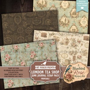 May include: A digital download scrap pack featuring four sheets of paper with London tea shop themes. Designs include floral rose patterns, vintage teapots, teacups, London landmarks, and script text in shades of brown, cream, and light blue.