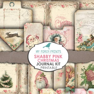 Junk Journal Kit, Shabby Chic, Roze, Kerstmis, Victoriaans, Efemer, Label, Kersttags, Pastel, Dagelijks december, Afdrukbaar, My Porch-afdrukken