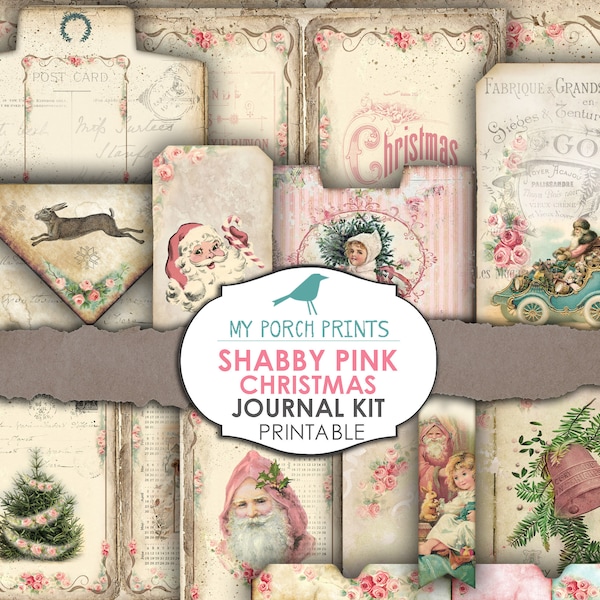 Junk Journal Kit, Shabby Chic, Roze, Kerstmis, Victoriaans, Ephemera, Tag, Kerstlabels, Pastel, December Dagelijks, Afdrukbaar, Mijn veranda wordt afgedrukt