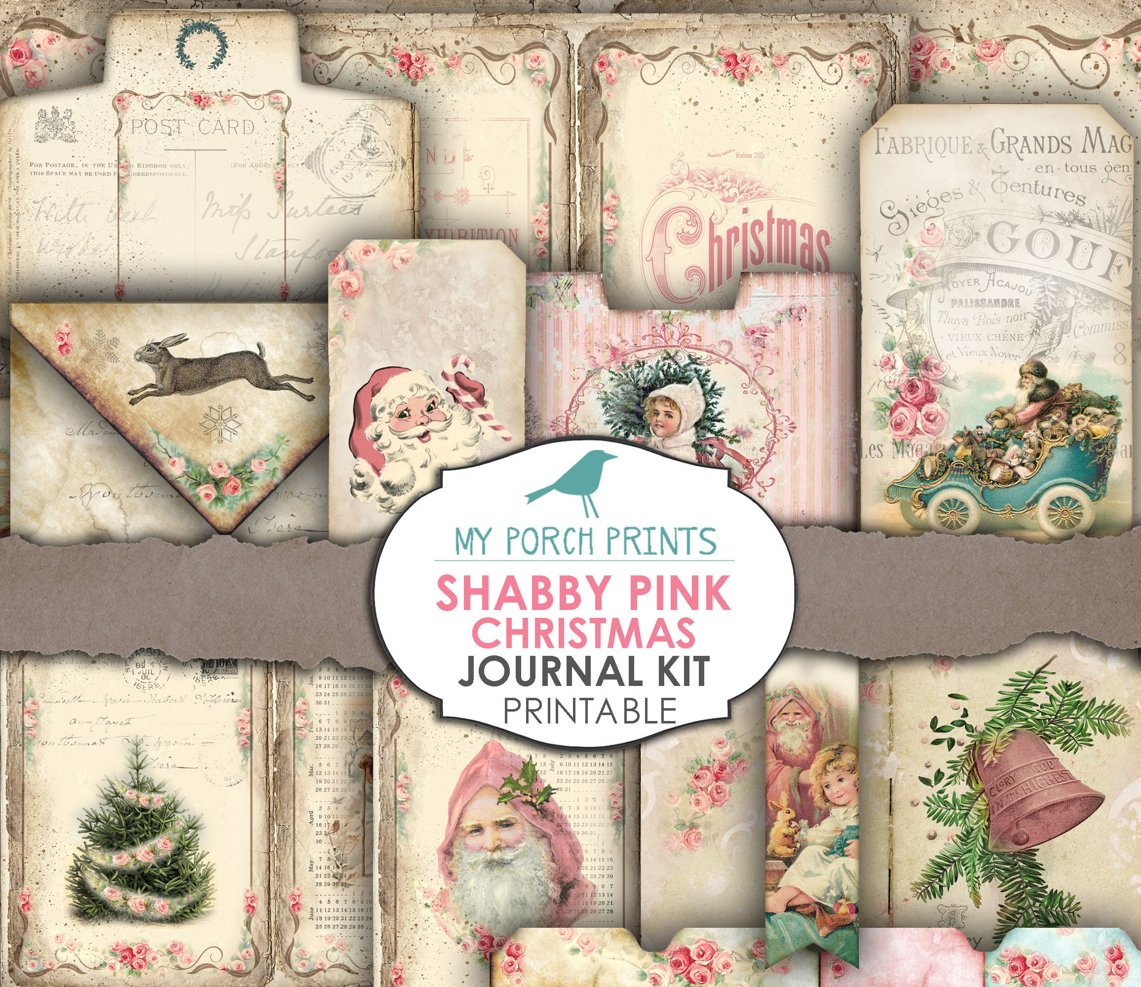 Junk Journal Kit, Shabby Chic, Pink, Christmas, Victorian, Ephemera, Tag, Christmas Tags, Pastel, December Daily, Printable, My Porch Prints