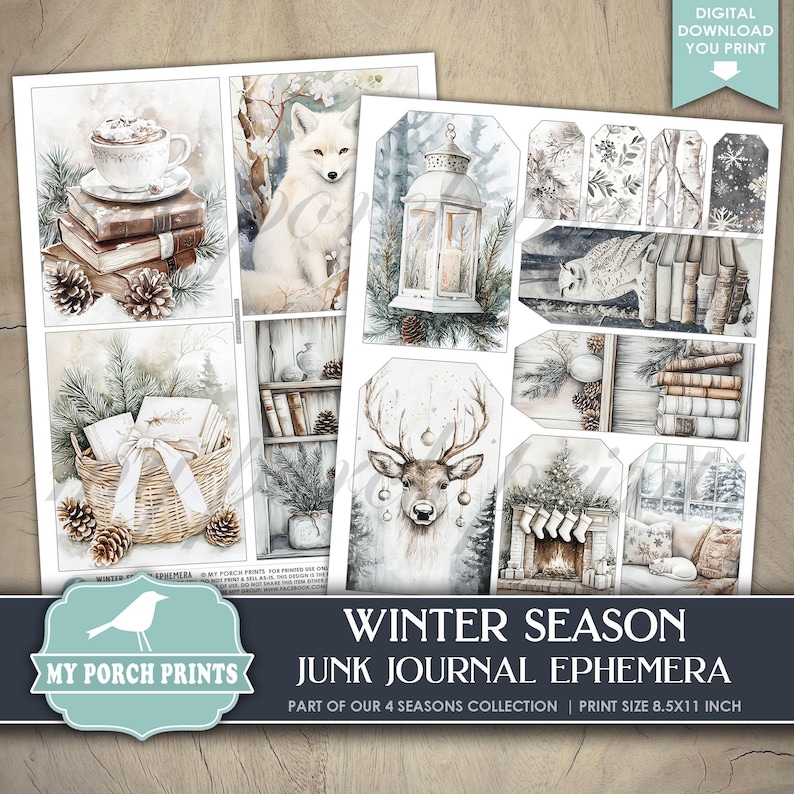 Winter Season EPHEMERA, Junk Journal, Kit, White, Neutral, Holiday ...