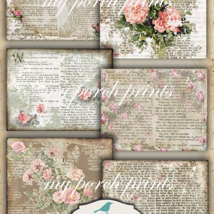 May include: Set of 12 printable shabby book pages featuring vintage floral illustrations with pink roses and text. The pages are 8.5 x 11 inches.