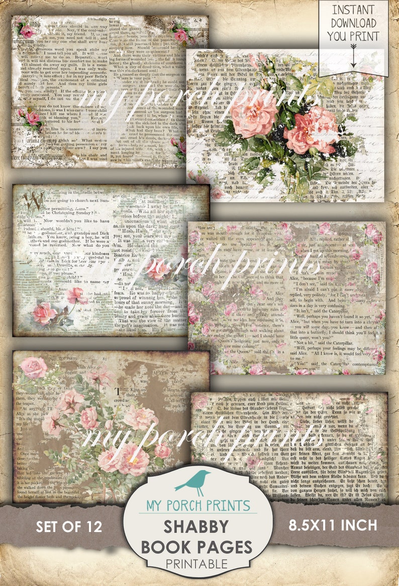 May include: Set of 12 printable shabby book pages featuring vintage floral illustrations with pink roses and text. The pages are 8.5 x 11 inches.