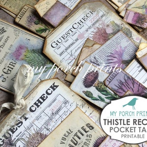 Thistle, Receipt, Pocket Tags, Junk Journal Kit, Printable, Ephemera, My Porch Prints Store, Collage, Paper, Vintage, Guest Check, Download