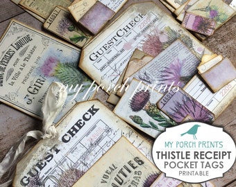 Thistle, Receipt, Pocket Tags, Junk Journal Kit, Printable, Ephemera, My Porch Prints Store, Collage, Paper, Vintage, Guest Check, Download