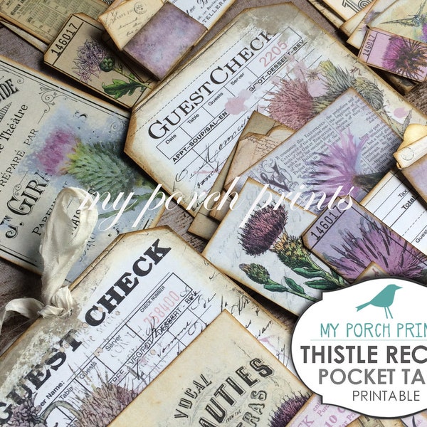 Thistle, Receipt, Pocket Tags, Junk Journal Kit, Printable, Ephemera, My Porch Prints Store, Collage, Paper, Vintage, Guest Check, Download