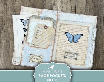 Junk Journal, Page Pockets, No. 3, Kit, Folio, Folder, Blue, Butterfly, Insert, File, Vintage, My Porch Prints, Digital, Download, Printable