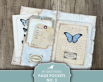 May include: Printable page pockets with a blue butterfly, a vintage hotel tag, and the words "dreamer" and "librairie-papeterie". The page pockets are part of a set of printable pages for junk journals.