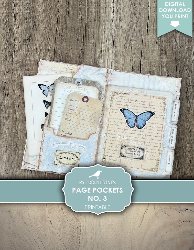 Junk Journal, Page Pockets, No. 3, Kit, Folio, Folder, Blue, Butterfly ...