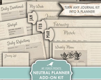 Neutral Planner Junk Journal Add On Kit, Calendar, Bullet Journal, Prayer, Monthly, Tracker, My Porch Prints, Digital Download, Printable