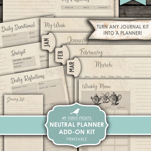 Neutral Planner Junk Journal Add On Kit, Calendar, Bullet Journal, Prayer, Monthly, Tracker, My Porch Prints, Digital Download, Printable