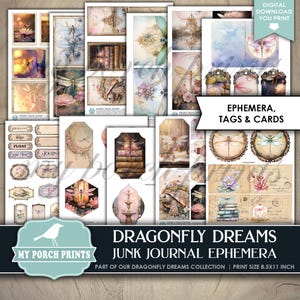 May include: A digital download of printable ephemera, tags, and cards featuring a dragonfly theme. The images include dragonflies, flowers, books, and other whimsical elements. The print size is 8.5x11 inches.