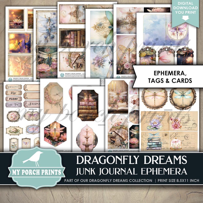 May include: A digital download of printable ephemera, tags, and cards featuring a dragonfly theme. The images include dragonflies, flowers, books, and other whimsical elements. The print size is 8.5x11 inches.