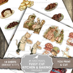K&ouml;nnte beinhalten: 14 bedruckbare Bl&auml;tter mit filigranen Ausschnitten f&uuml;r K&uuml;che und Backen. Die Bilder zeigen eine Vielzahl von Vintage-Illustrationen von Kuchen, Geb&auml;ck, Teetassen, Katzen und Kindern. Die Bl&auml;tter sind 21,6 cm x 27,9 cm gro&szlig;.