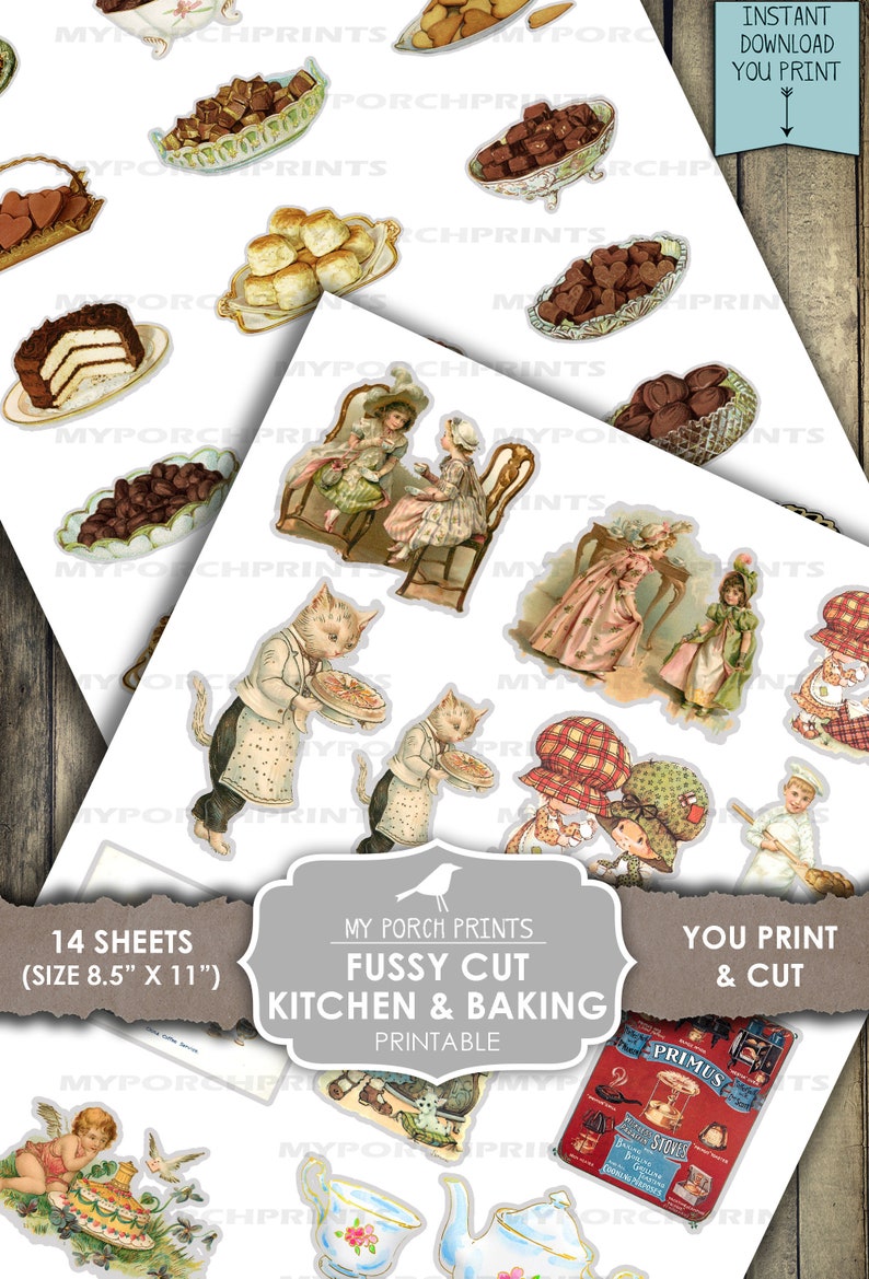 K&ouml;nnte beinhalten: 14 bedruckbare Bl&auml;tter mit filigranen Ausschnitten f&uuml;r K&uuml;che und Backen. Die Bilder zeigen eine Vielzahl von Vintage-Illustrationen von Kuchen, Geb&auml;ck, Teetassen, Katzen und Kindern. Die Bl&auml;tter sind 21,6 cm x 27,9 cm gro&szlig;.