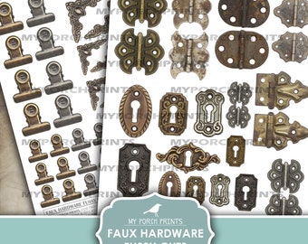 Faux Hardware Fussy Cuts, Junk Journal, Corners, Gears, Steampunk, Hinges, Stickers, Grunge, My Porch Prints, Printable Digital Download
