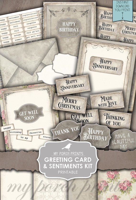 Greeting Card, Sentiments Kit, Words, Happy Birthday, Sympathy, Junk Journal, Card Making, Envelope, Digital Kit, My Porch Prints, Download
