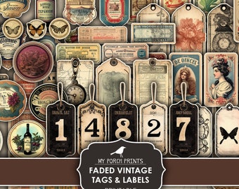 Junk Journal Faded Vintage Tags Labels, Grunge, Steampunk, Men Number Cricut Planner Stickers, Printable, My Porch Prints, Digital Download