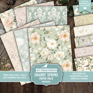 May include: A collection of 8.5x11 inch printable papers with floral and damask patterns. The papers feature soft colors like pink, green, and cream, with designs including roses, butterflies, and birds. The text on the image reads "Shabby Spring Paper Pack".