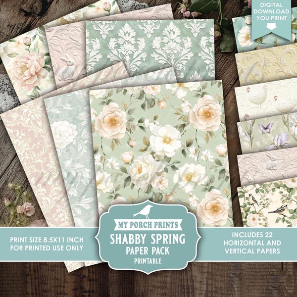 Shabby Spring Paper Pack, Junk Journal, Easter, Pastel, Floral, Pink, Lace, Extra Pages, Papers, My Porch Prints, Printable Digital Download