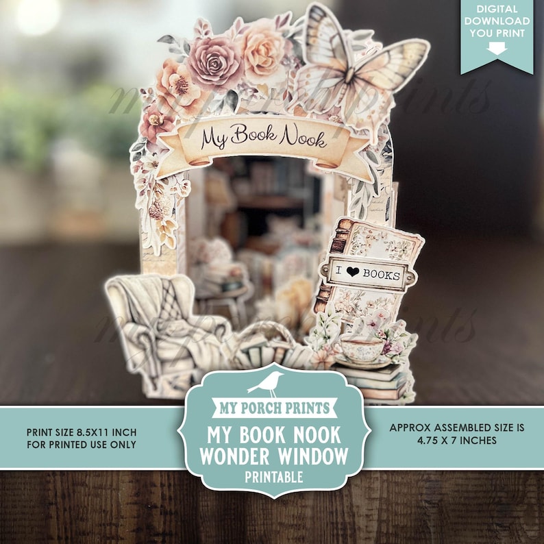 Peut inclure: Une sc&egrave;ne d&eacute;corative en papier intitul&eacute;e "My Book Nook" avec une arche florale, un papillon et un fauteuil. La sc&egrave;ne comprend une pile de livres avec "I ❤️ BOOKS" et mesure environ 12 x 18 cm une fois assembl&eacute;e. La taille d'impression est de 21,6 x 28 cm.