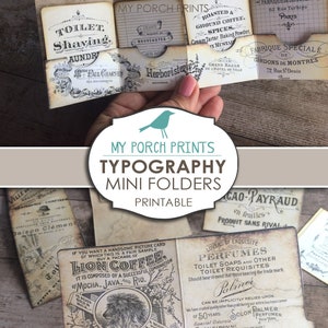 May include: Printable typography mini folders with vintage designs. The folders feature text like "Toilet Shaving Laundry", "Roasted & Ground Coffee", "Perfumes", and "Lion Coffee".