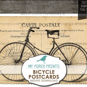 May include: Vintage postcard featuring a black and white illustration of a bicycle with the text "Carte Postale" and "Correspondance" in French.