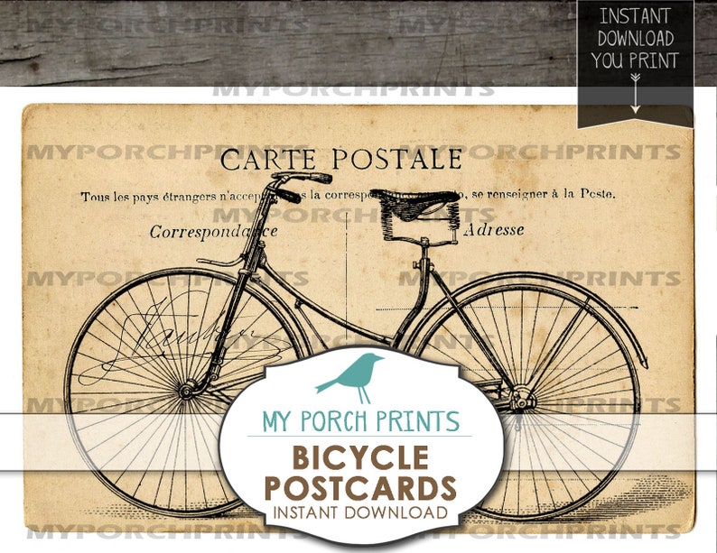 May include: Vintage postcard featuring a black and white illustration of a bicycle with the text "Carte Postale" and "Correspondance" in French.