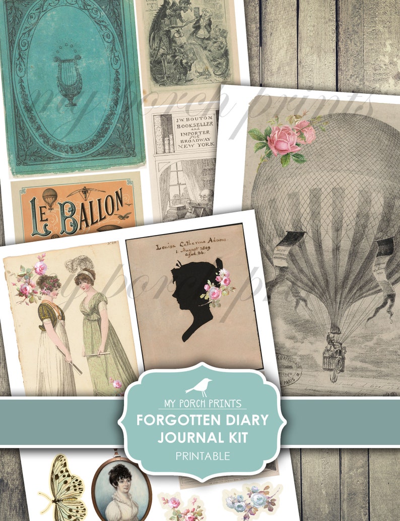May include: A printable journal kit with a vintage aesthetic. The kit includes images of hot air balloons, a silhouette of a woman, a butterfly, and a framed portrait. The text "Forgotten Diary Journal Kit" is printed on a blue banner.