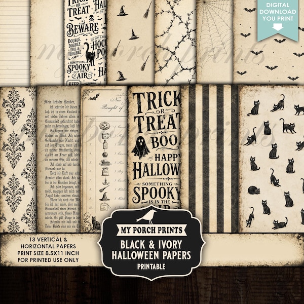 Black & Ivory Halloween Papers,  Junk Journal Kit, Vintage Horizontal Vertical, Black and White, My Porch Prints Printable Digital Download