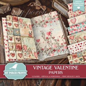 Valentine Vintage Papers, Junk Journal, Red Pink Blue, Scrapbook, Hearts, Valentine's Day, My Porch Prints Printable, Digital Download