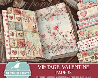 Valentine Vintage Papers, Junk Journal, Red Pink Blue, Scrapbook, Hearts, Valentine's Day, My Porch Prints Printable, Digital Download