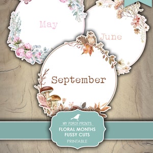 Junk Journal, Floral, Months, Fussy Cuts, Planner, Monthly, of the Year, Calendar, Cricut, Printable, My Porch Prints, Digital Download