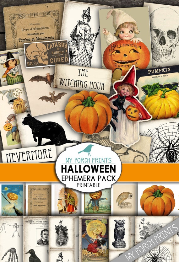 Printable Vintage Halloween Ephemera Pack, Junk Journal Journaling Paper  Embellishments, Collage Sheet 