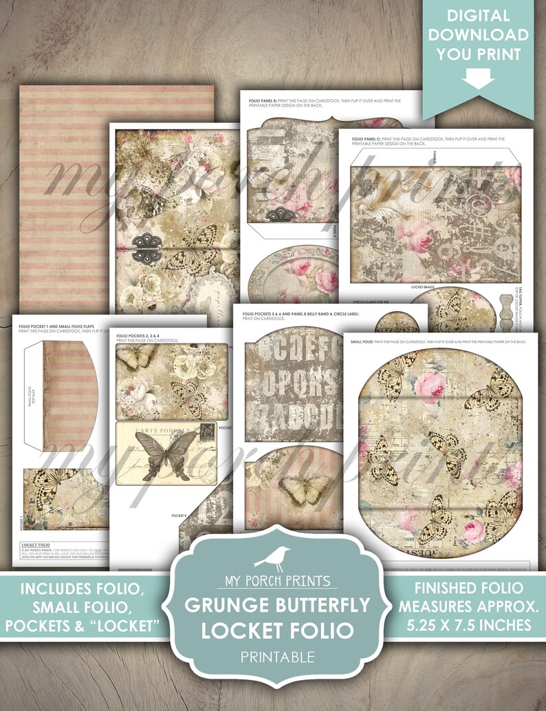 Skräpjournal, Folio, Fjäril, Shabby, Grunge, Vintage, Mapp, Rosa, Medaljong, Min veranda-utskrifter, Insats, Digitalt kit, Nedladdning, Utskrivbar bild 4