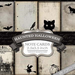 Haunted Halloween-notitiekaarten, plakboekkit, zwart-wit, junk-dagboekkit, efemere, tag, drankjelabel, papier, afdrukbaar, vintage, grunge