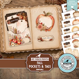 May include: A digital download printable set featuring fall-themed pockets and tags with illustrations of apples, pumpkins, mushrooms, and autumn foliage. The collection includes various labels with text like Autumn Days and Apple Harvest.