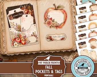 May include: A digital download printable set featuring fall-themed pockets and tags with illustrations of apples, pumpkins, mushrooms, and autumn foliage. The collection includes various labels with text like Autumn Days and Apple Harvest.
