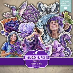Purple Color FUSSY CUTS, Junk Journal, Cricut, Stickers, Butterfly, Ephemera, Fantasy, Set, My Porch Prints, Printable, Digital Download