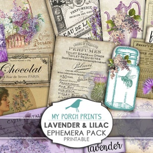 Kit de diario basura, paquete de efímeras de lavanda y lila, tarjeta postal, hoja de collage, jardín, cardo, púrpura, descarga digital, vintage, imprimible
